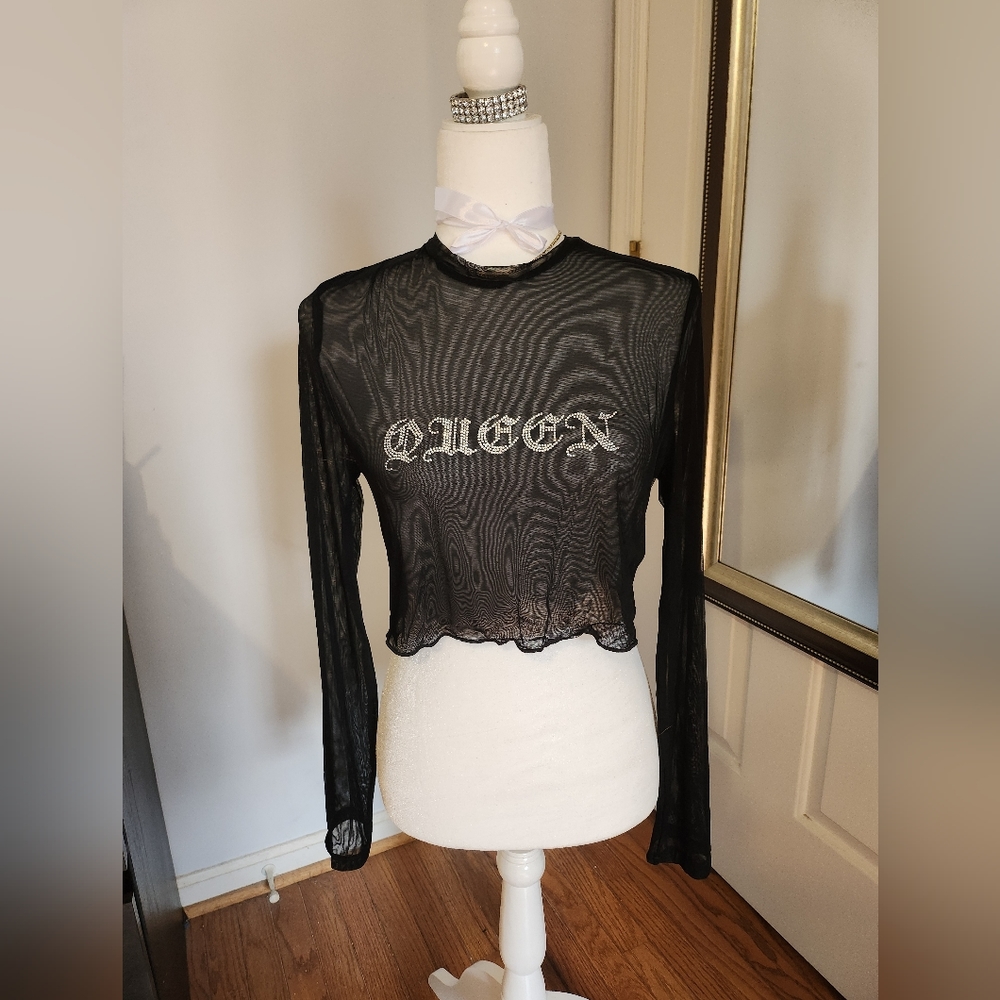 Edikted Queen Rhinestone Mesh Cropped Shirt Size Large